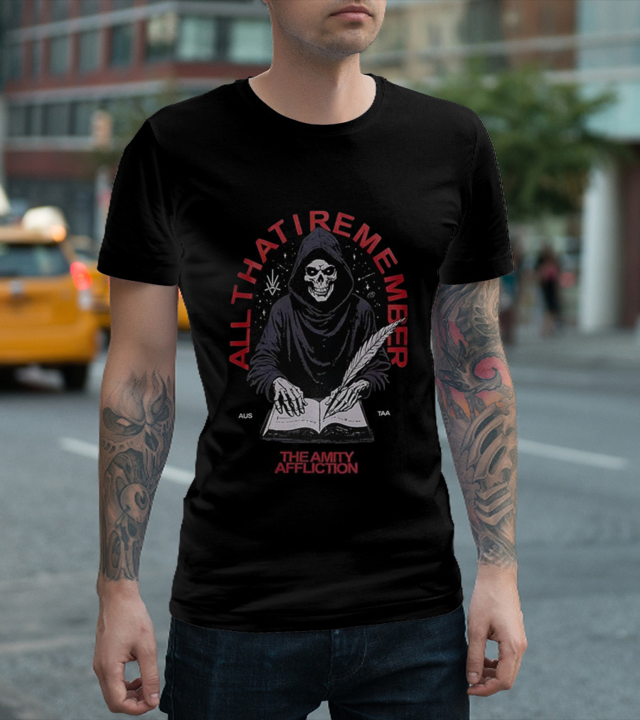 All That I Remember Skeleton Hooded Figure Writing The Amity Affliction T-Shirt