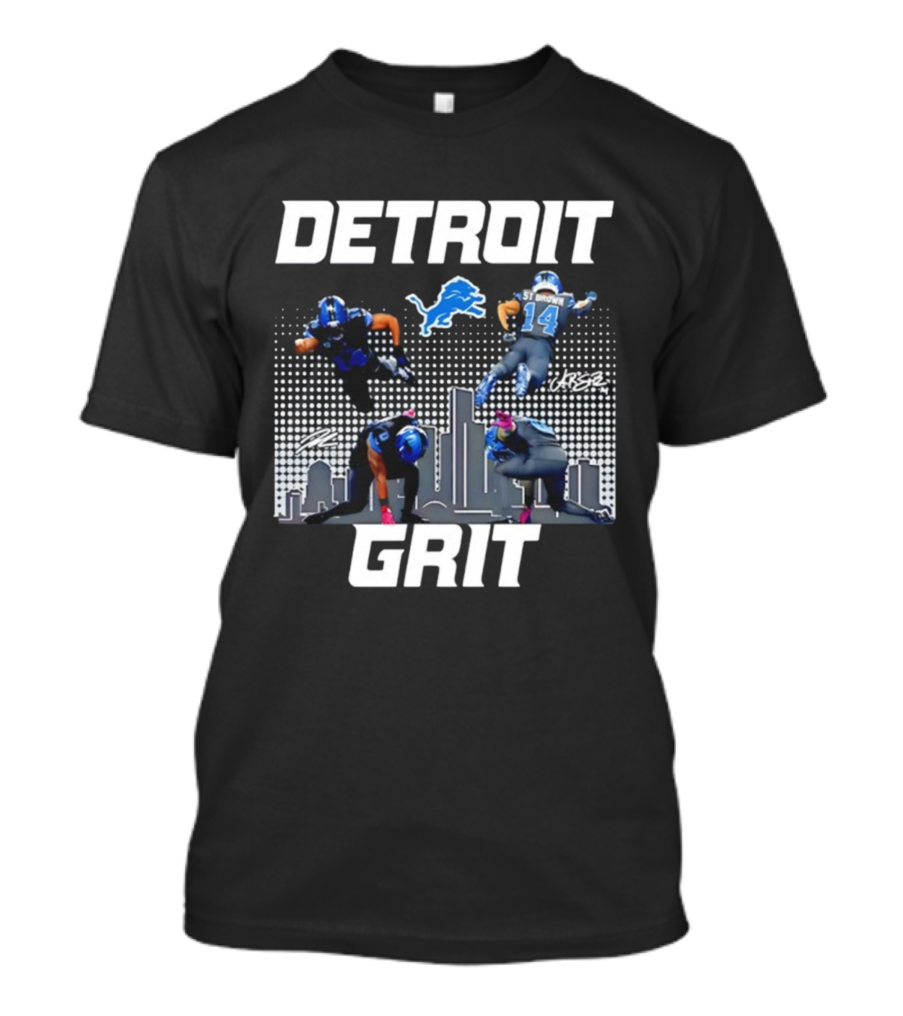 Detroit Grit Super Heroes Lions Skyline Football签名 T-Shirt