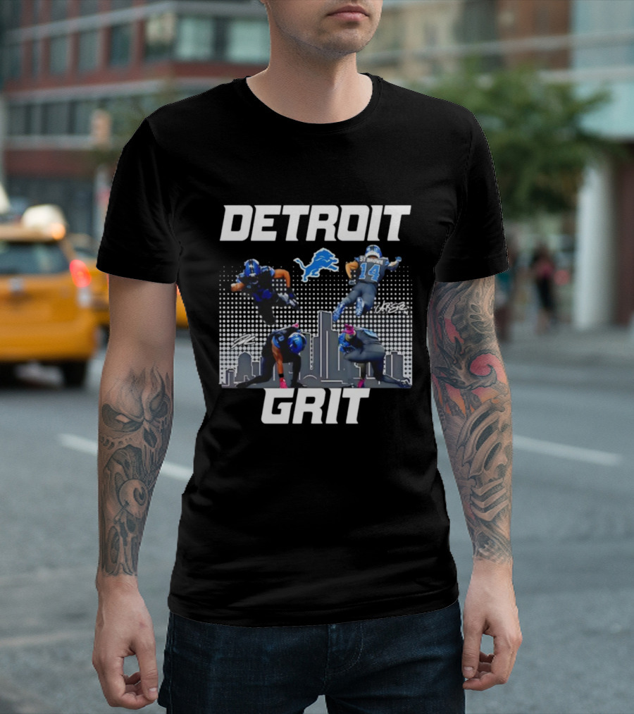 Detroit Grit Super Heroes Lions Skyline Football签名 T-Shirt