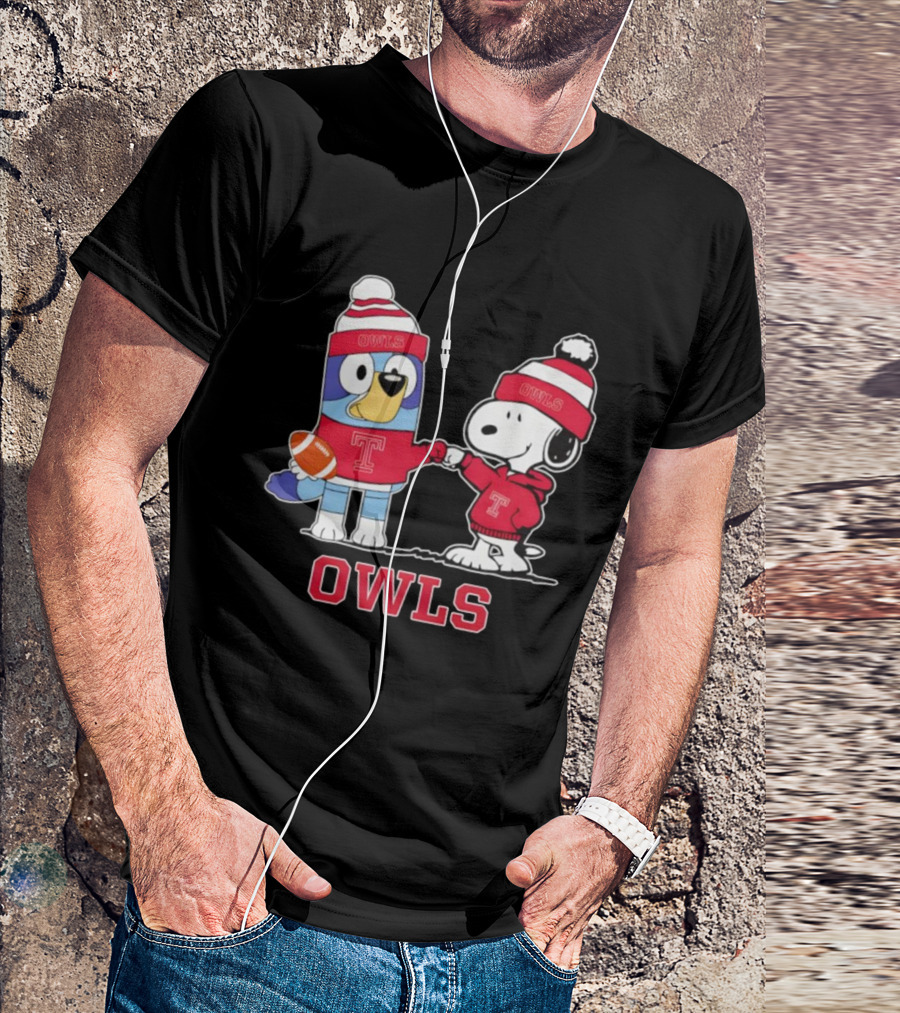 Snoopy Bluey Temple Owls Football Collaboration T-Shirt