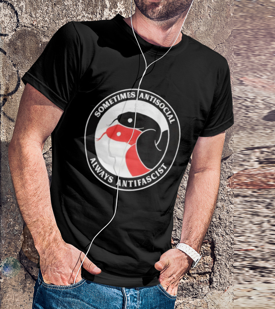 Sometimes Antisocial Always Antifascist Snakes Circle Logo Two Snakes Black And Red T-Shirt