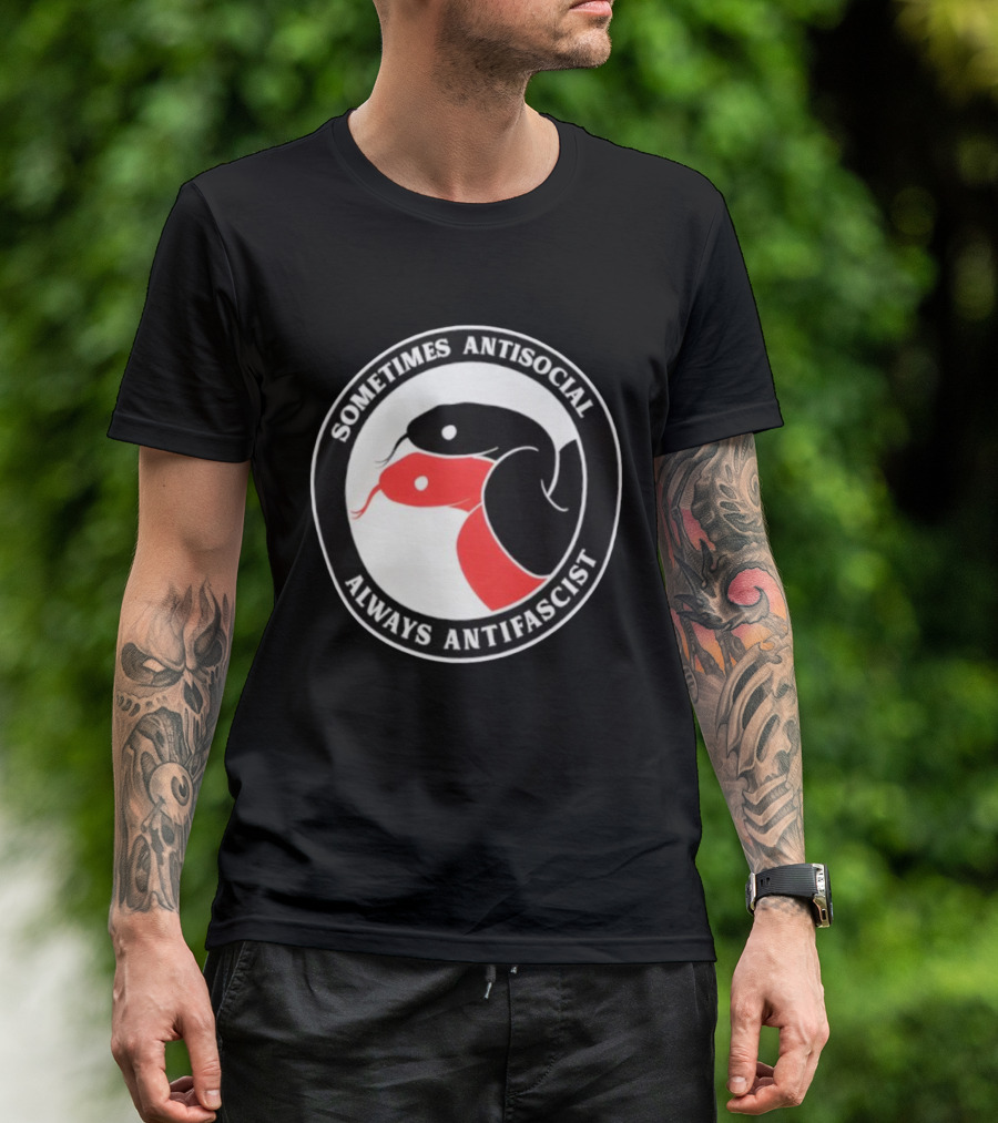 Sometimes Antisocial Always Antifascist Snakes Circle Logo Two Snakes Black And Red T-Shirt