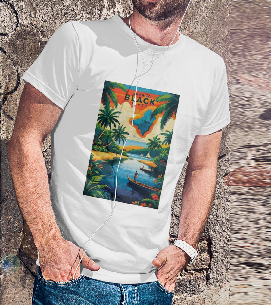 Jamaica Black River Vintage Travel Tropical Scenery With Palm Trees And Boats T-Shirt