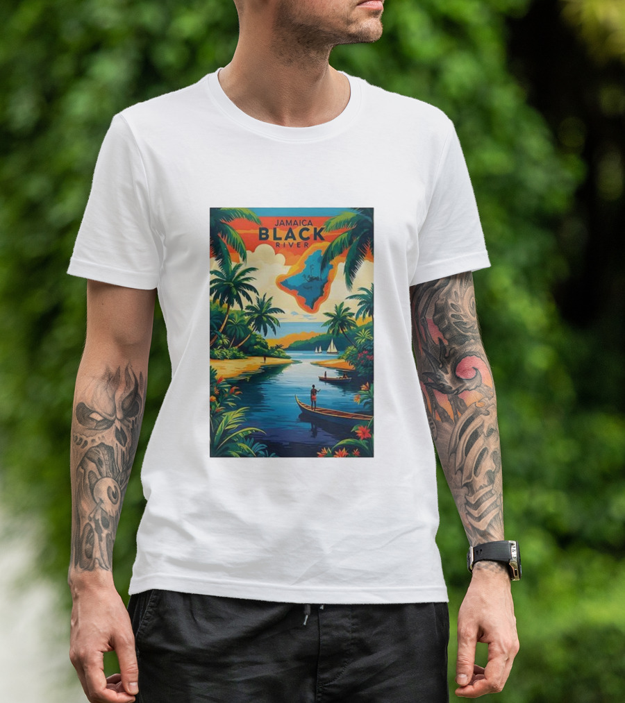 Jamaica Black River Vintage Travel Tropical Scenery With Palm Trees And Boats T-Shirt