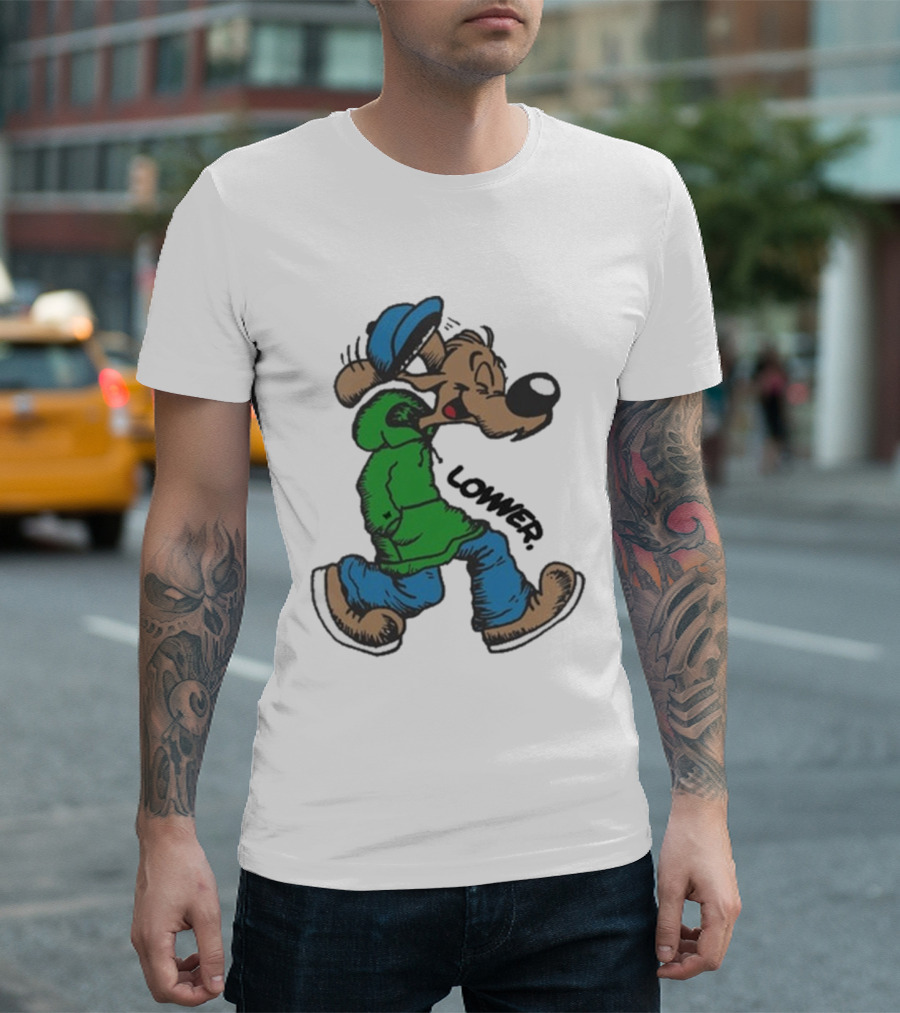 Lower Billie Hood Walkin Cartoon Character In Green And Blue Cap T-Shirt