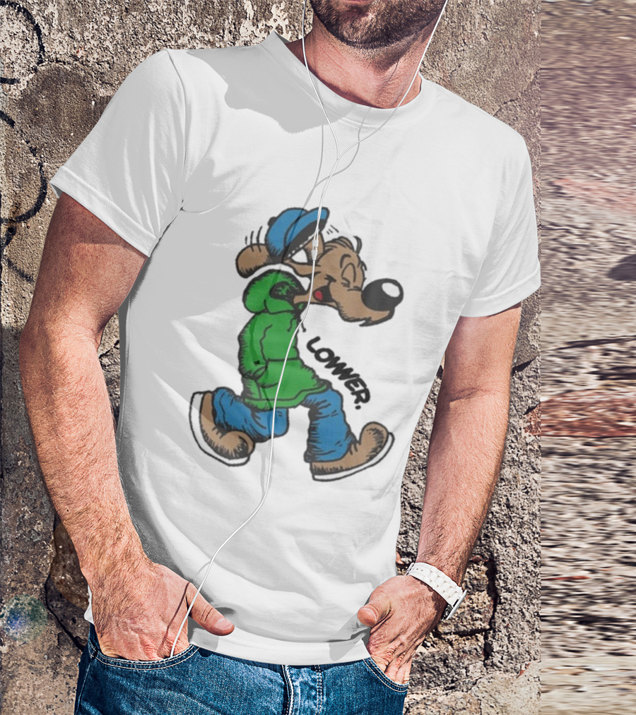 Lower Billie Hood Walkin Cartoon Character In Green And Blue Cap T-Shirt