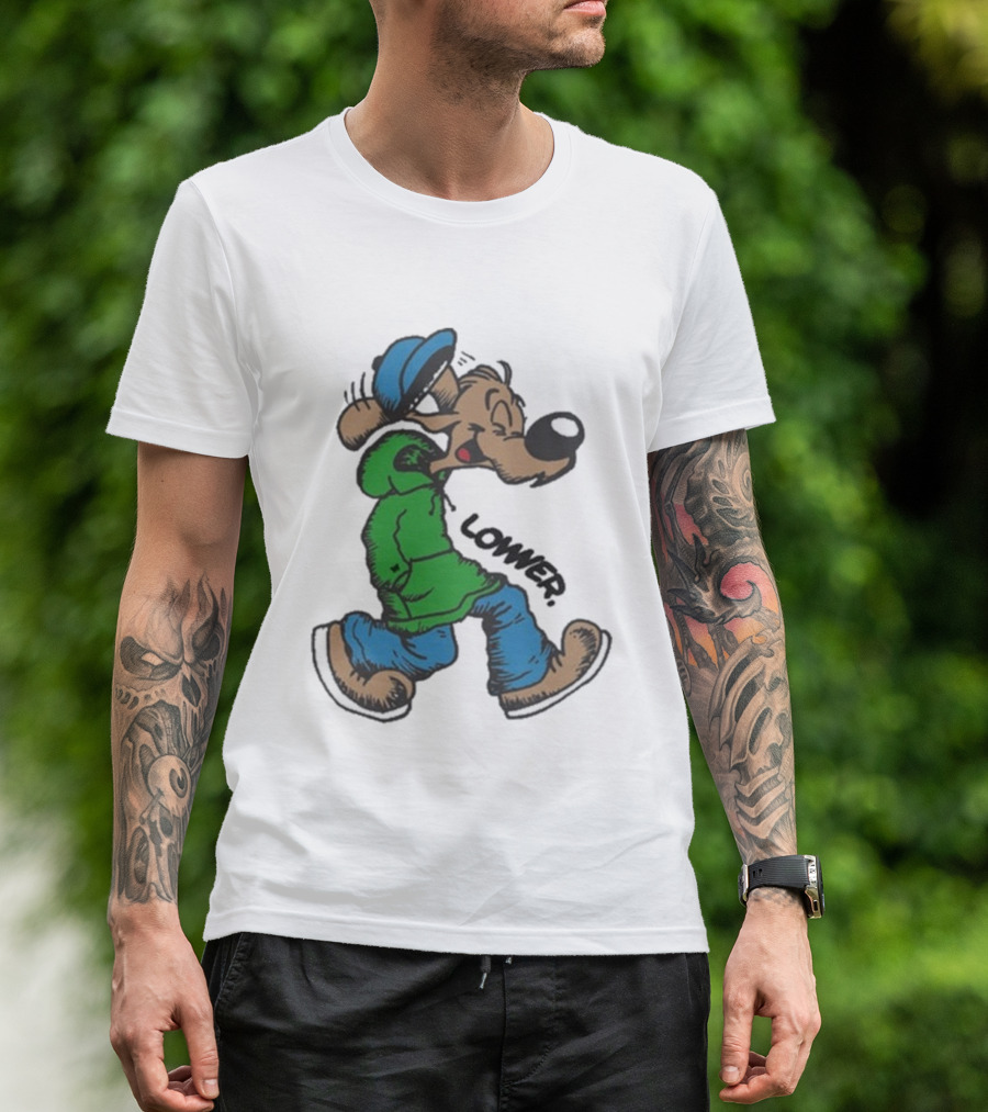 Lower Billie Hood Walkin Cartoon Character In Green And Blue Cap T-Shirt