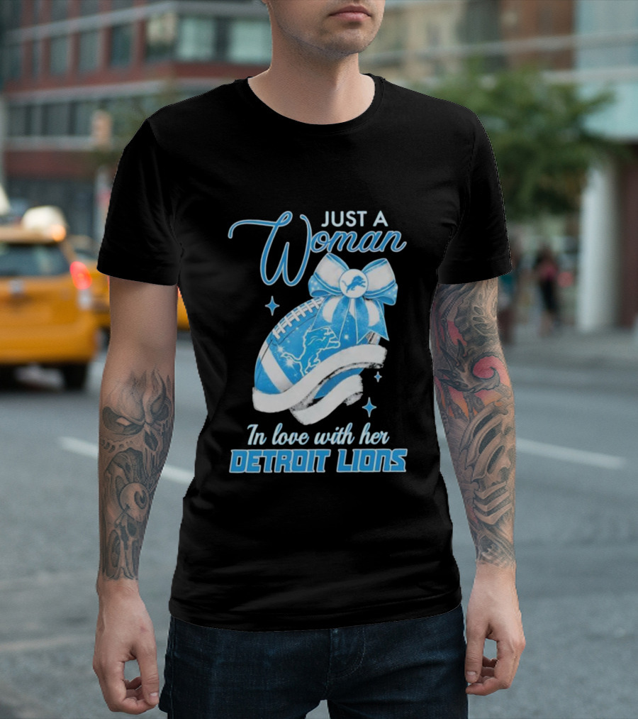 Just A Woman In Love With Her Detroit Lions Glittery Ribbon T-Shirt