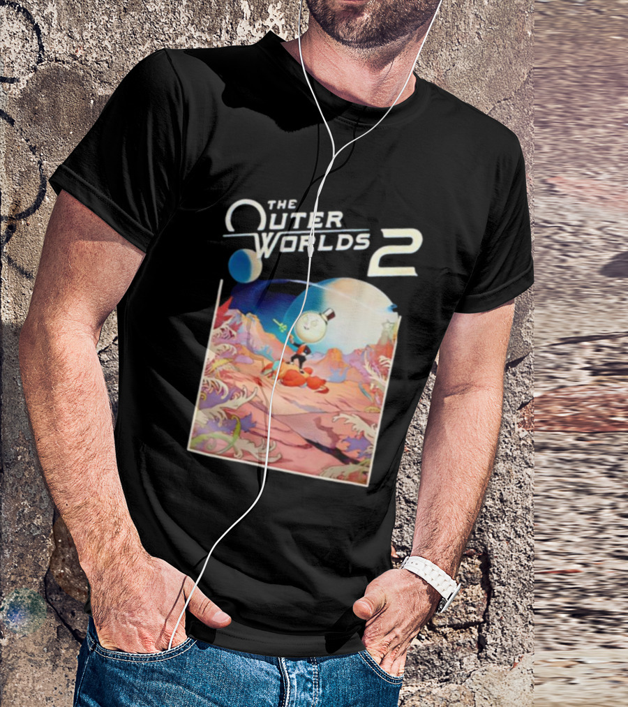The Outer Worlds 2 Surreal Landscape With Cartoon Character T-Shirt
