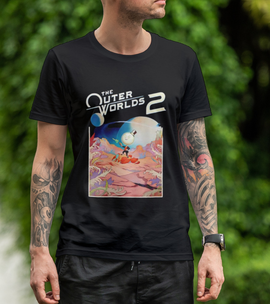 The Outer Worlds 2 Surreal Landscape With Cartoon Character T-Shirt