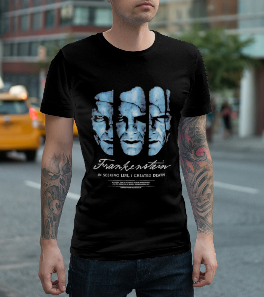 Frankenstein The Creature Seeking Life Created Death Split Face Design T-Shirt