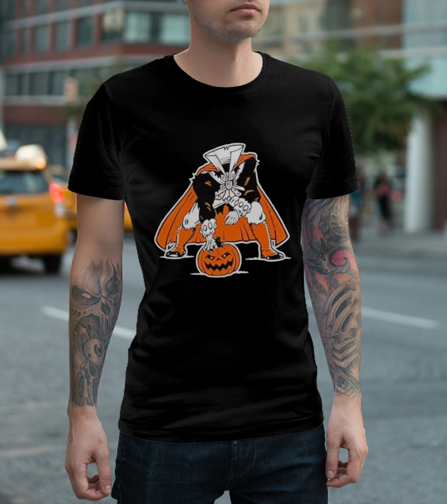 Headless Horseman Halloween Character With Pumpkin Jack O' Lantern Orange Cape Costume T-Shirt