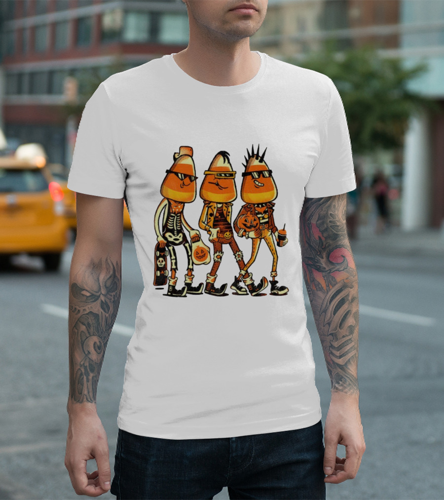 Candy Corn Punk Rock Skeleton Pumpkin Halloween Characters T-Shirt