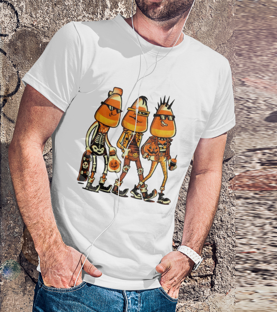 Candy Corn Punk Rock Skeleton Pumpkin Halloween Characters T-Shirt