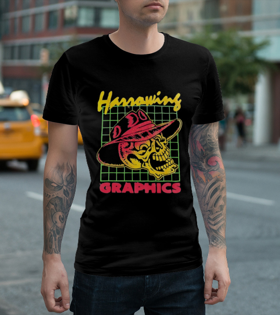 Harrowing Skull Cowboy Hat Graphics Retro Neon Style T-Shirt