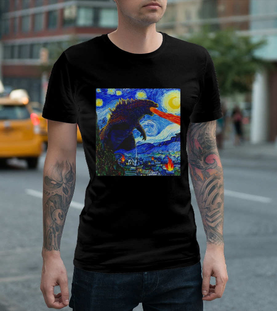 Godzilla Van Gogh Starry Night Mashup Scene T-Shirt