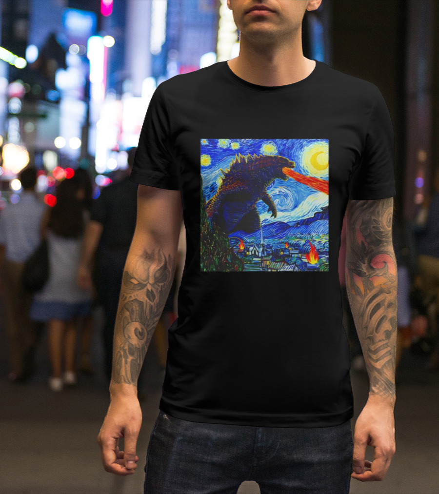 Godzilla Van Gogh Starry Night Mashup Scene T-Shirt