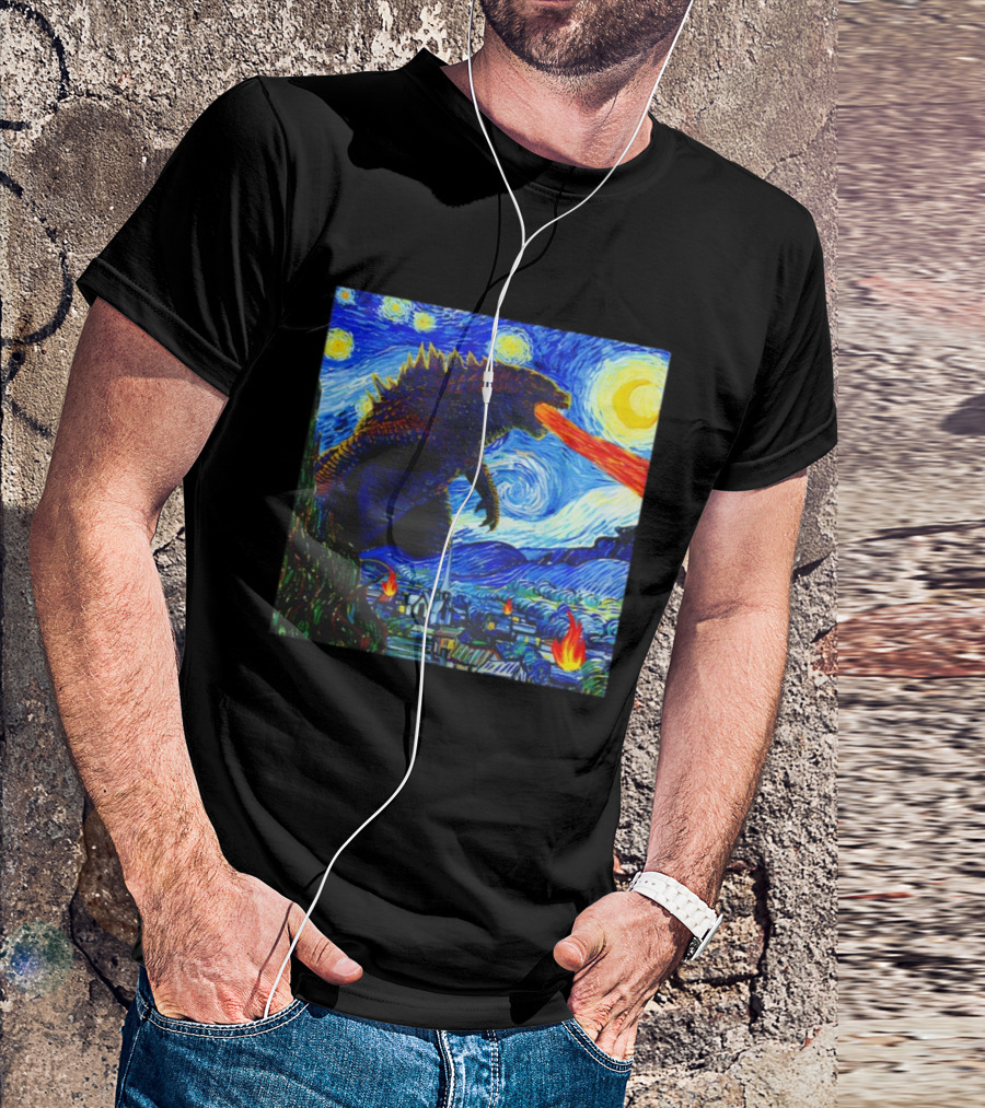 Godzilla Van Gogh Starry Night Mashup Scene T-Shirt