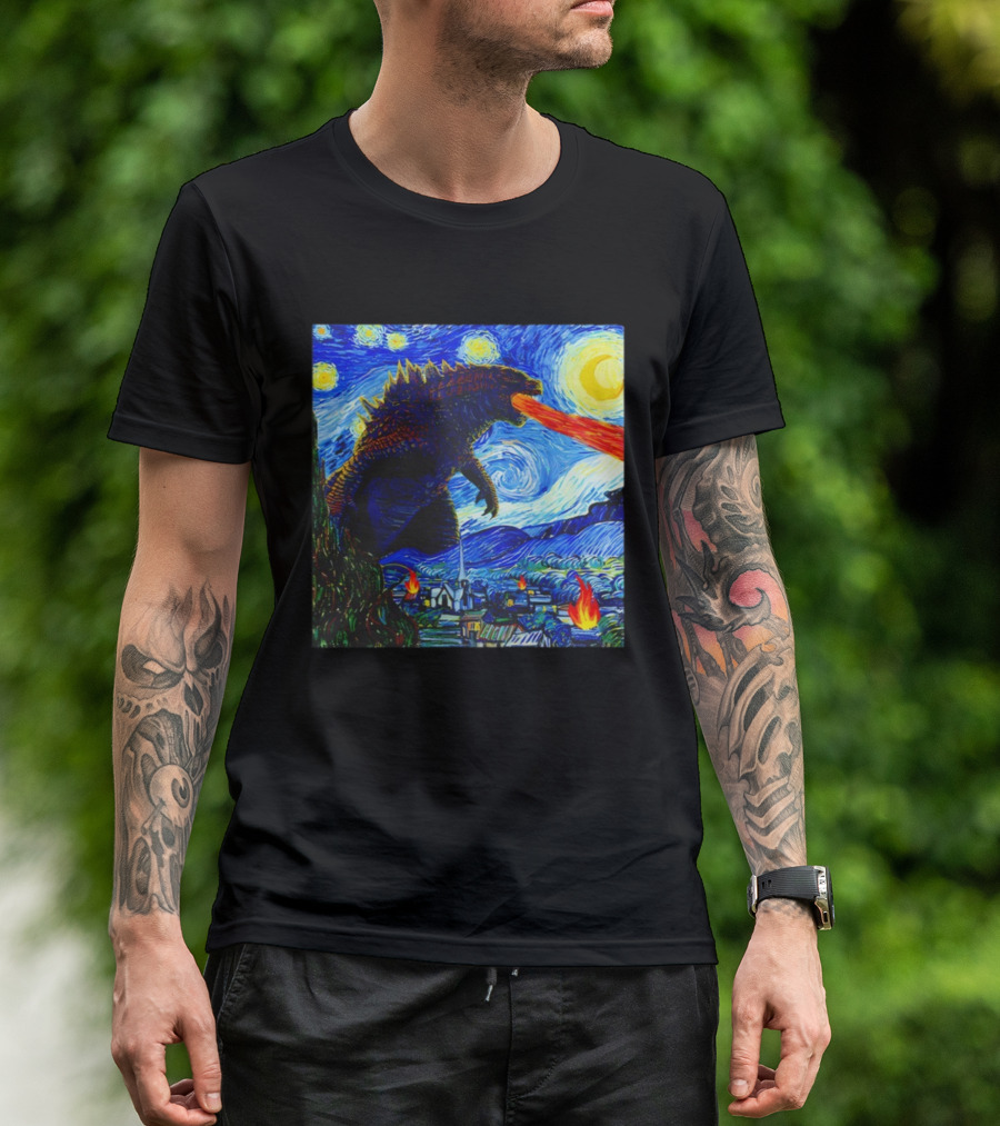 Godzilla Van Gogh Starry Night Mashup Scene T-Shirt