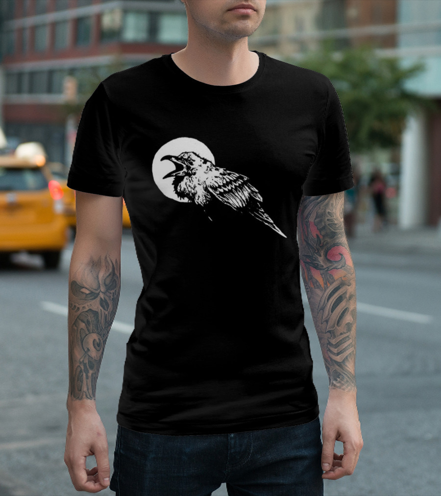 Raven Crow F Caw F Vintage Retro Bird Full Moon Silhouette In Flight T-Shirt