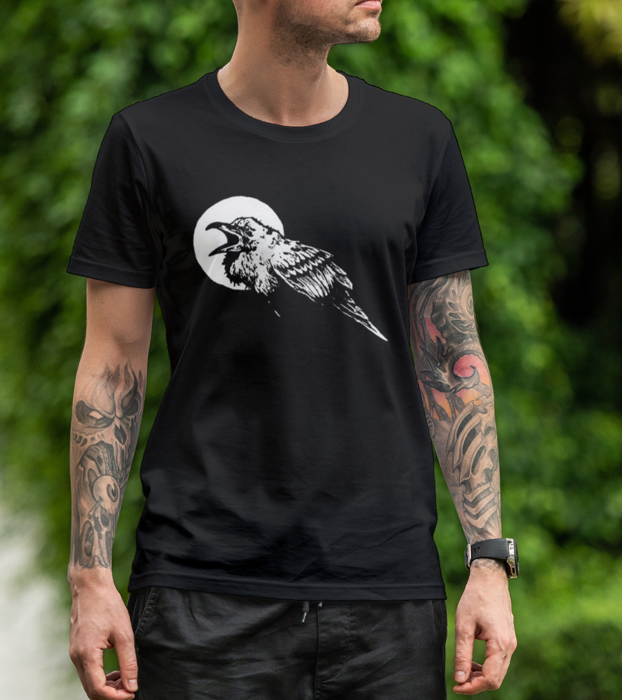 Raven Crow F Caw F Vintage Retro Bird Full Moon Silhouette In Flight T-Shirt