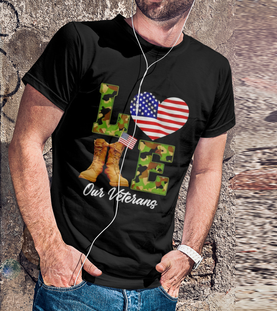 Love Veterans Day American Flag Military Camouflage Boots T-Shirt