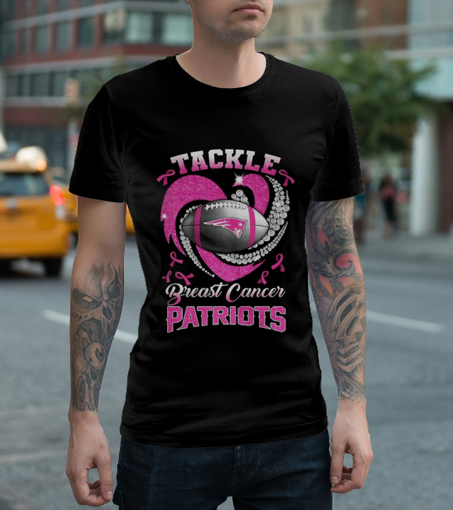 Tackle Breast Cancer New England Patriots Pink Ribbon Heart Football T-Shirt
