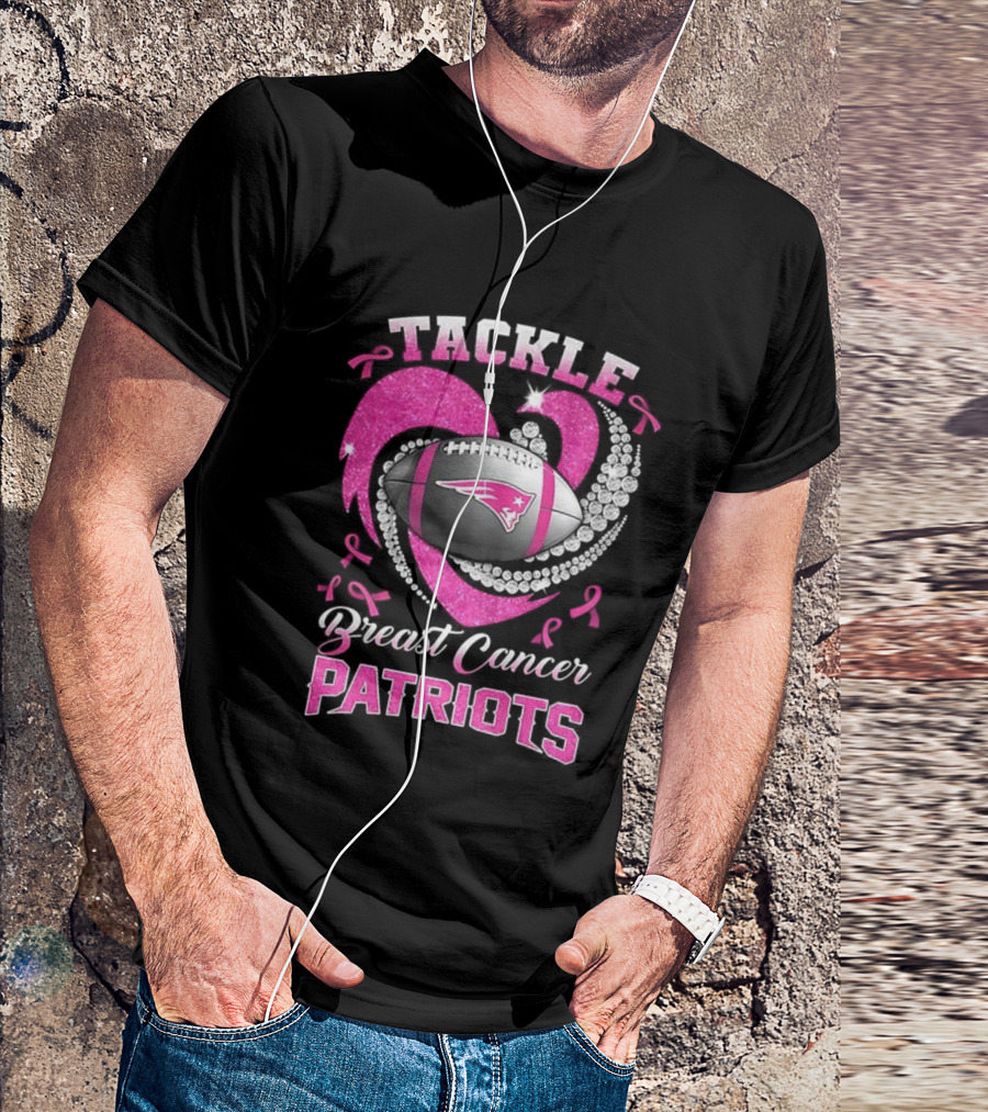 Tackle Breast Cancer New England Patriots Pink Ribbon Heart Football T-Shirt