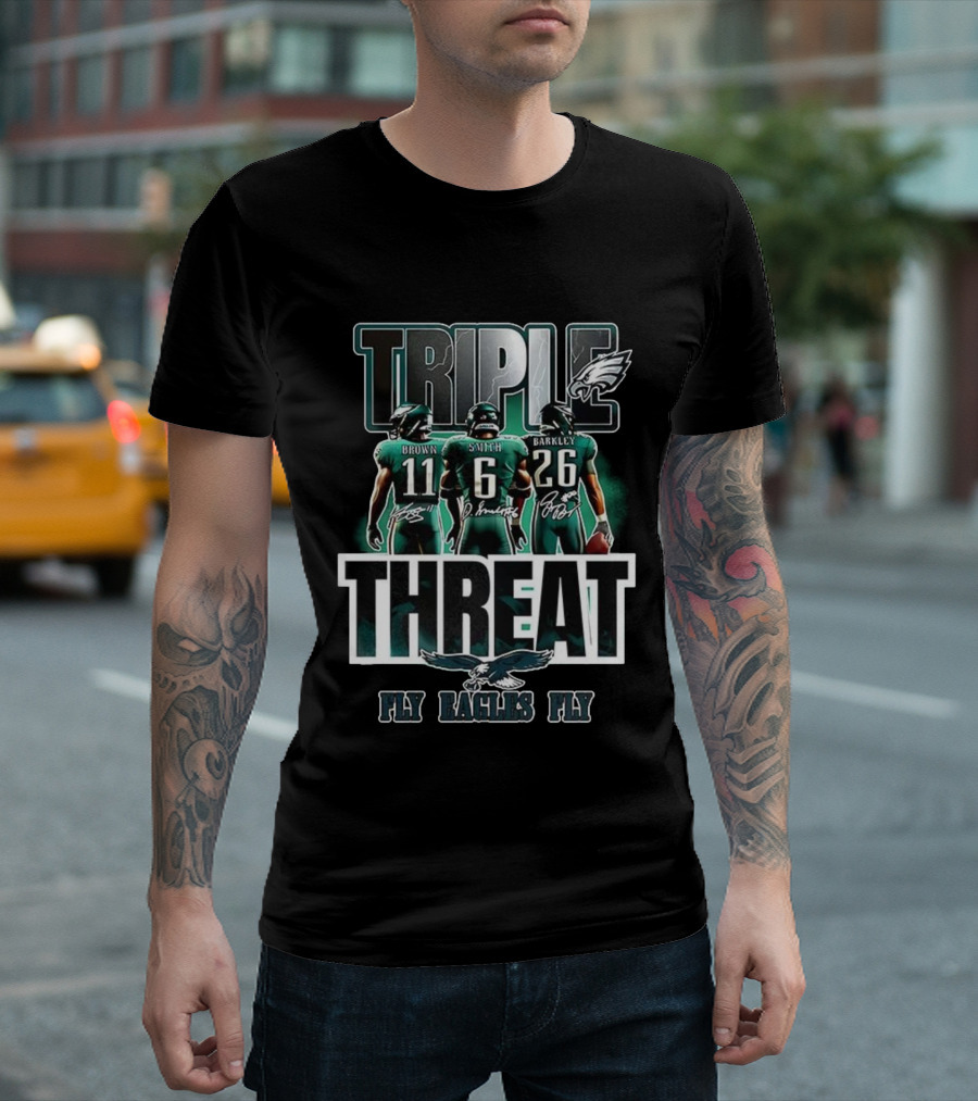 Philadelphia Eagles 2025 Triple Threat Fly Eagles Fly Brown Smith Barkley T-Shirt