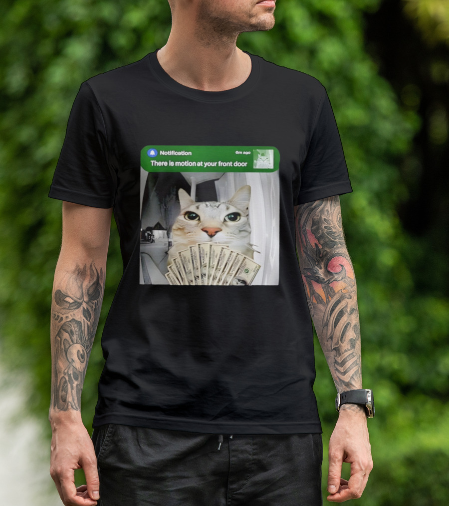 Notification Funny Cat Meme Motion At Your Front Door Money T-Shirt