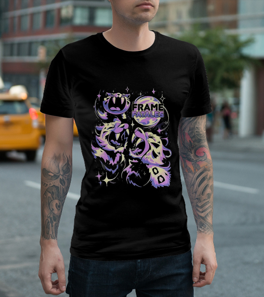 Three Faith Moon Frame Fatales Neon Pastel Feline Faces T-Shirt