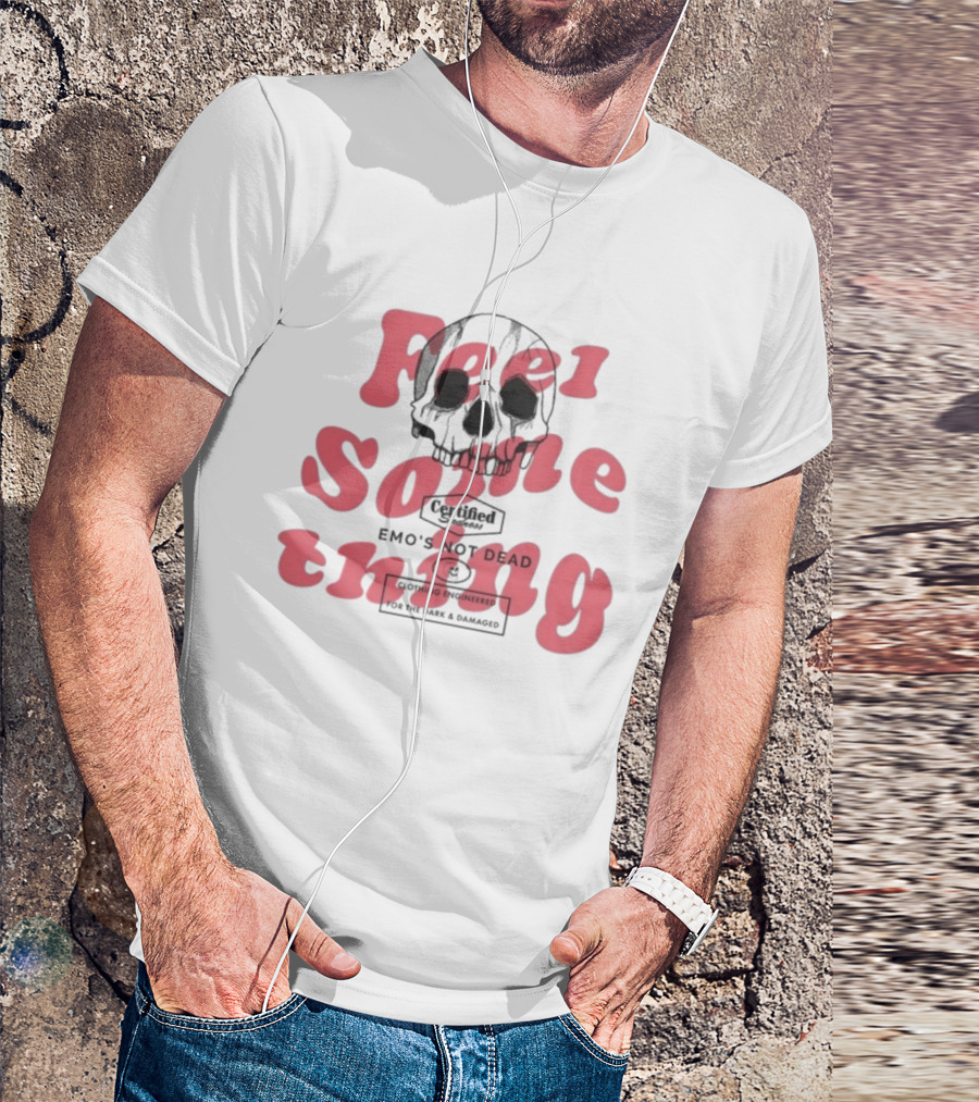 Emo’s Not Dead Feel Something Skull Vintage Style Pink Text T-Shirt
