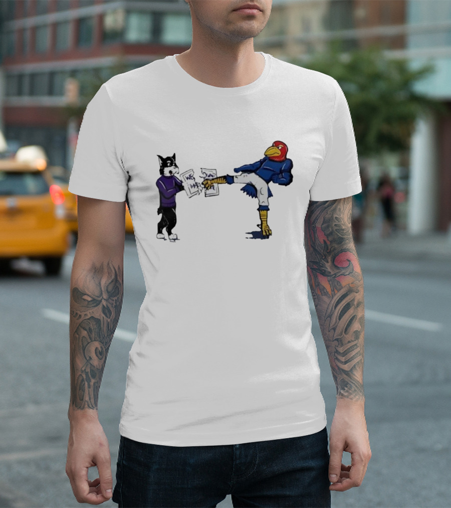 Kansas Jayhawk Mascot Kicking Wildcat We Own State T-Shirt