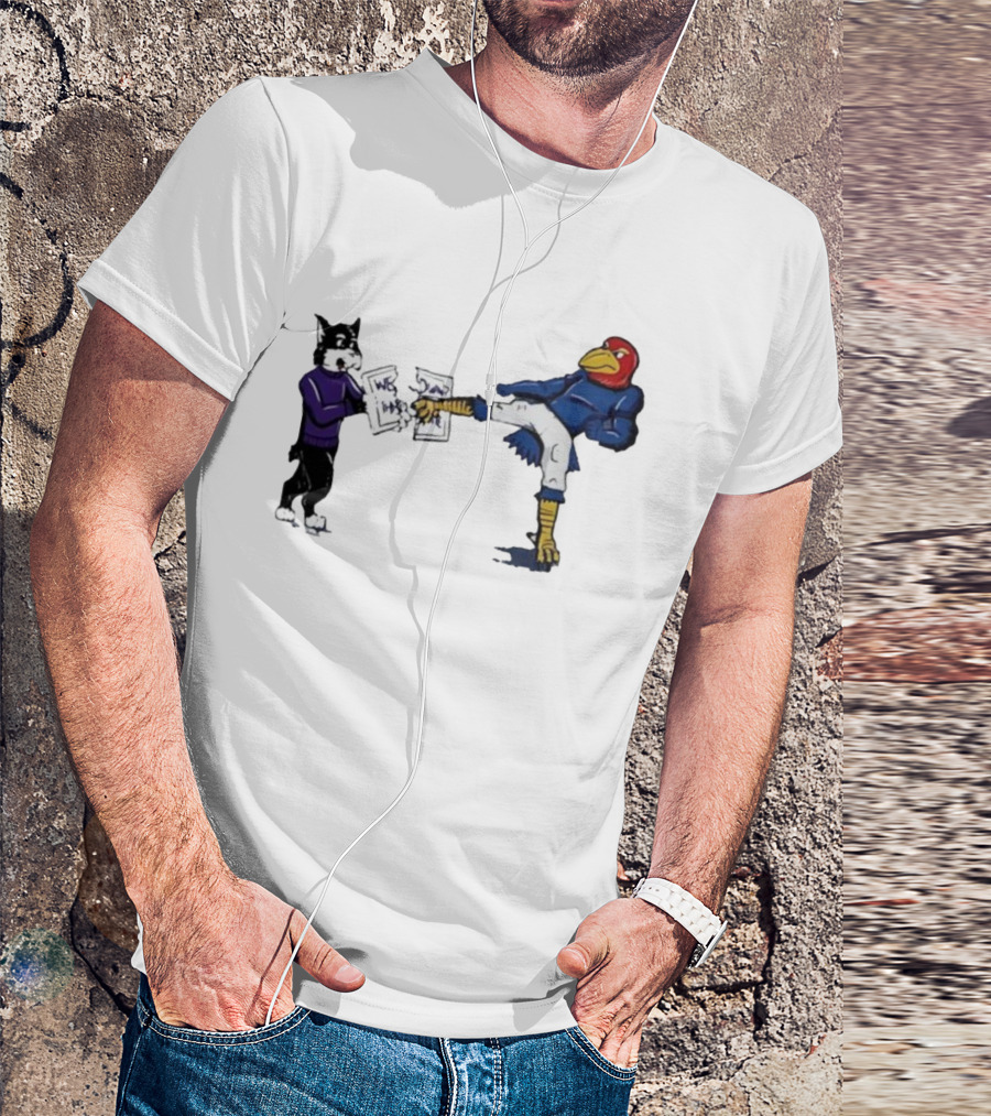Kansas Jayhawk Mascot Kicking Wildcat We Own State T-Shirt