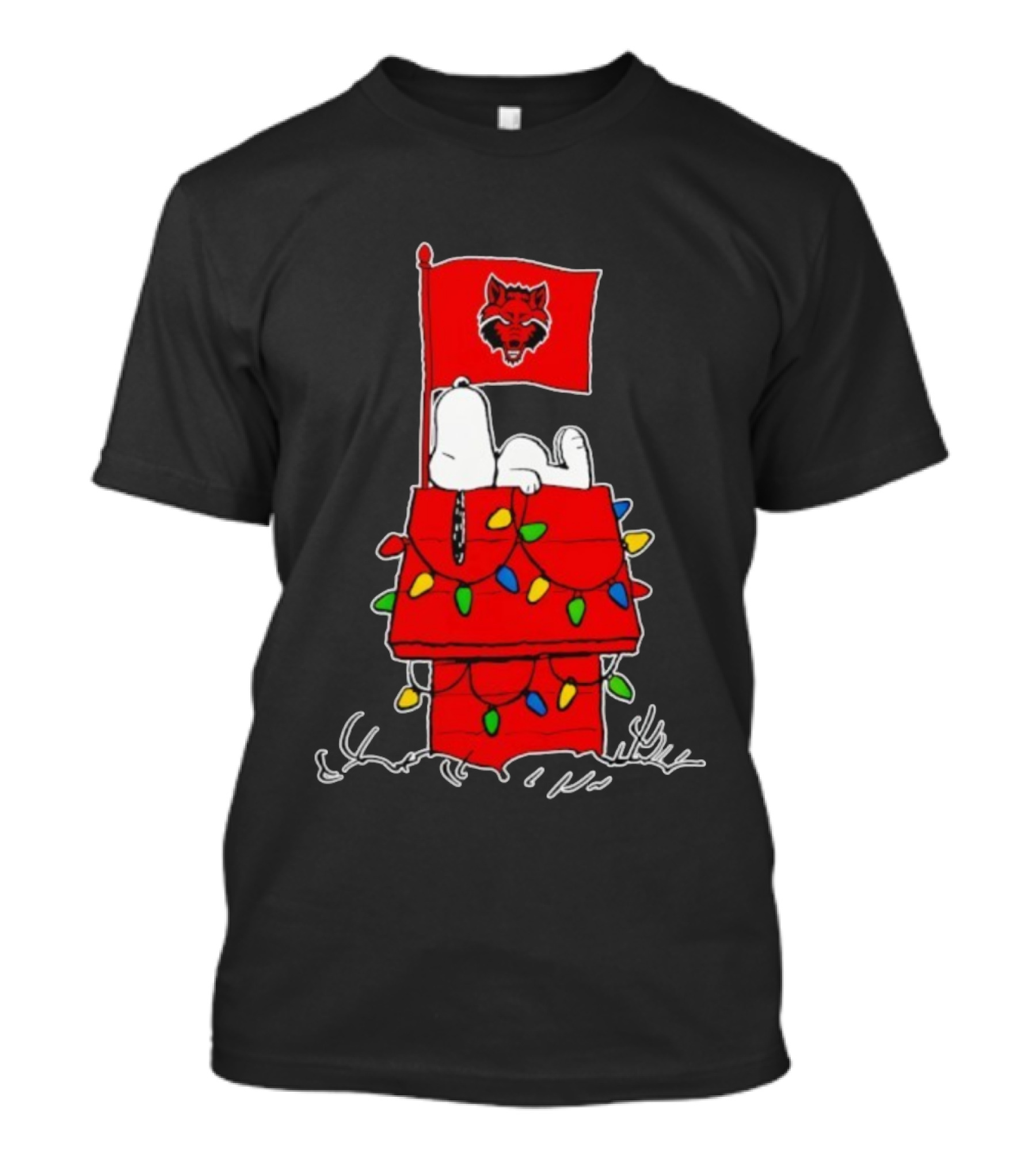 Arkansas State Red Wolves Snoopy Holiday Lights House Peanuts T-Shirt