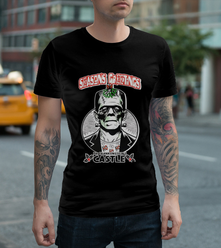 Seasons Greetings Dr. Frankenstein's Castle Christmas T-Shirt