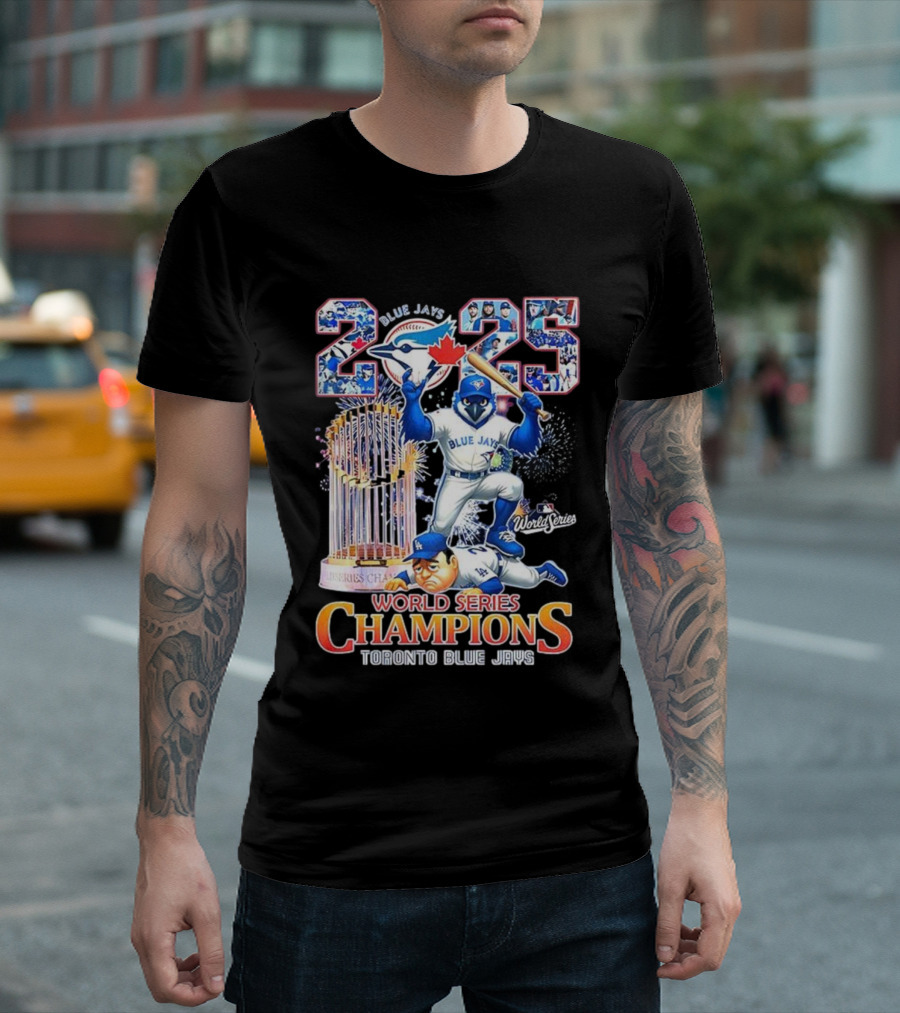 Toronto Blue Jays 2025 World Series Champions Trophy Firework Mascot Celebration T-Shirt