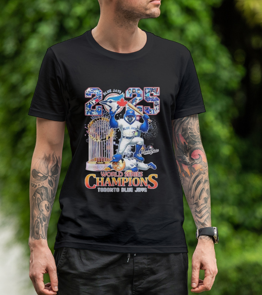 Toronto Blue Jays 2025 World Series Champions Trophy Firework Mascot Celebration T-Shirt