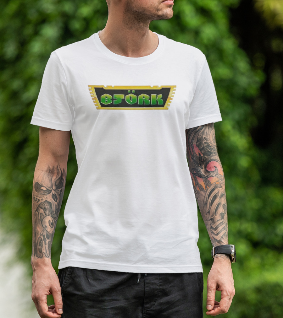 Björk Vintage Green Letters Yellow Border Retro Style T-Shirt