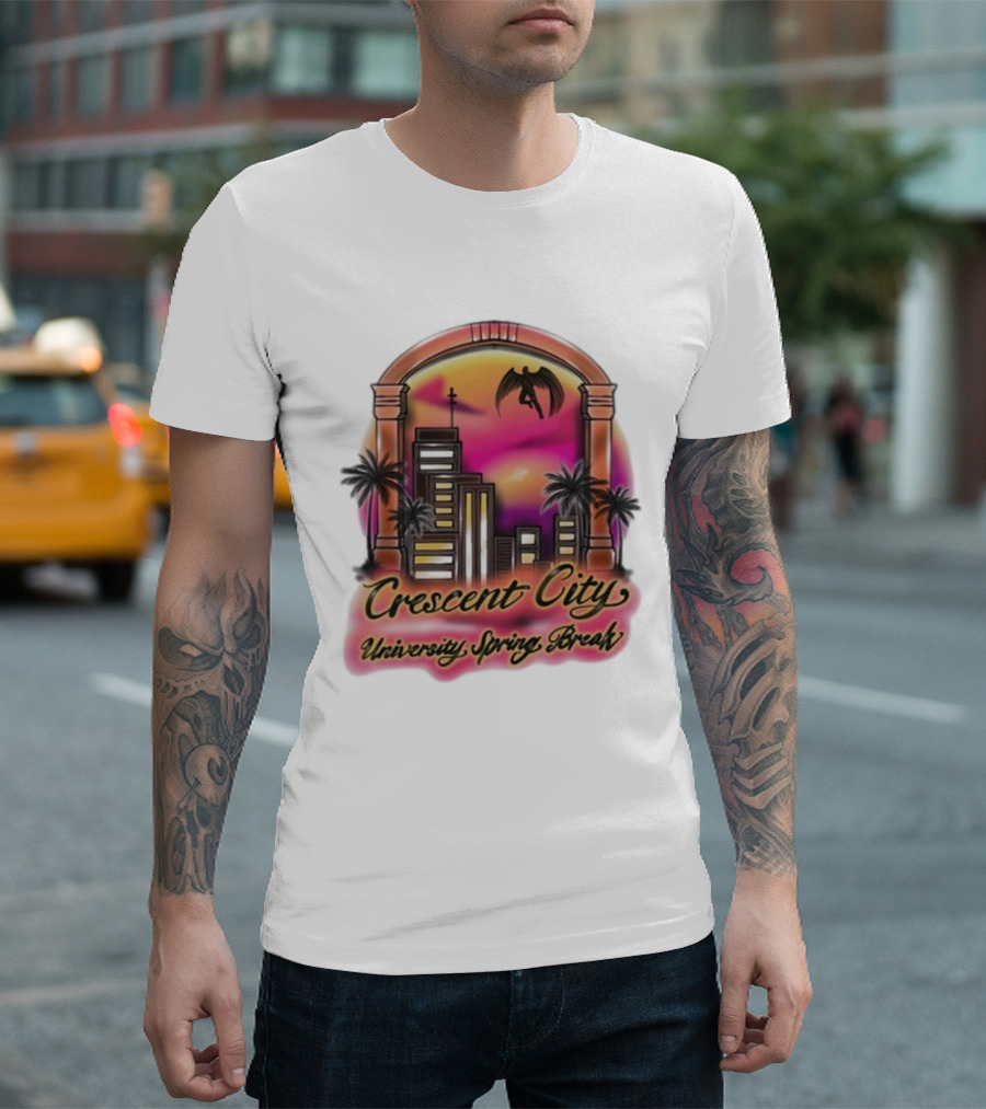 Crescent City University Spring Break Airbrush Tropical Sunset Skyscraper Archway Angel Wings T-Shirt