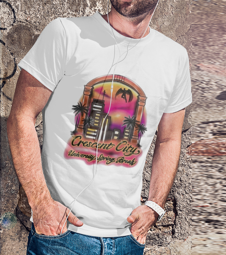 Crescent City University Spring Break Airbrush Tropical Sunset Skyscraper Archway Angel Wings T-Shirt