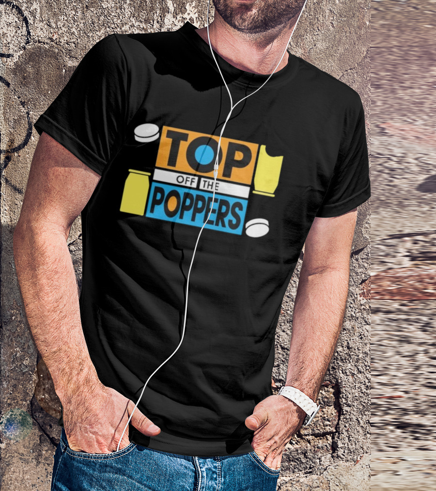 TOP OFF THE POPPERS Yellow And Blue Theme With White Pieces T-Shirt
