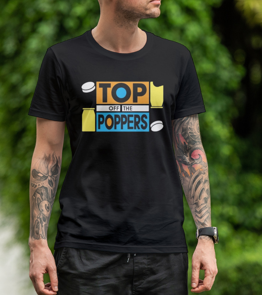 TOP OFF THE POPPERS Yellow And Blue Theme With White Pieces T-Shirt