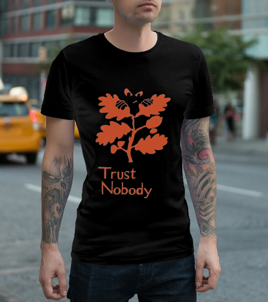 Trust Nobody Hidden Face Orange Leaf Design T-Shirt
