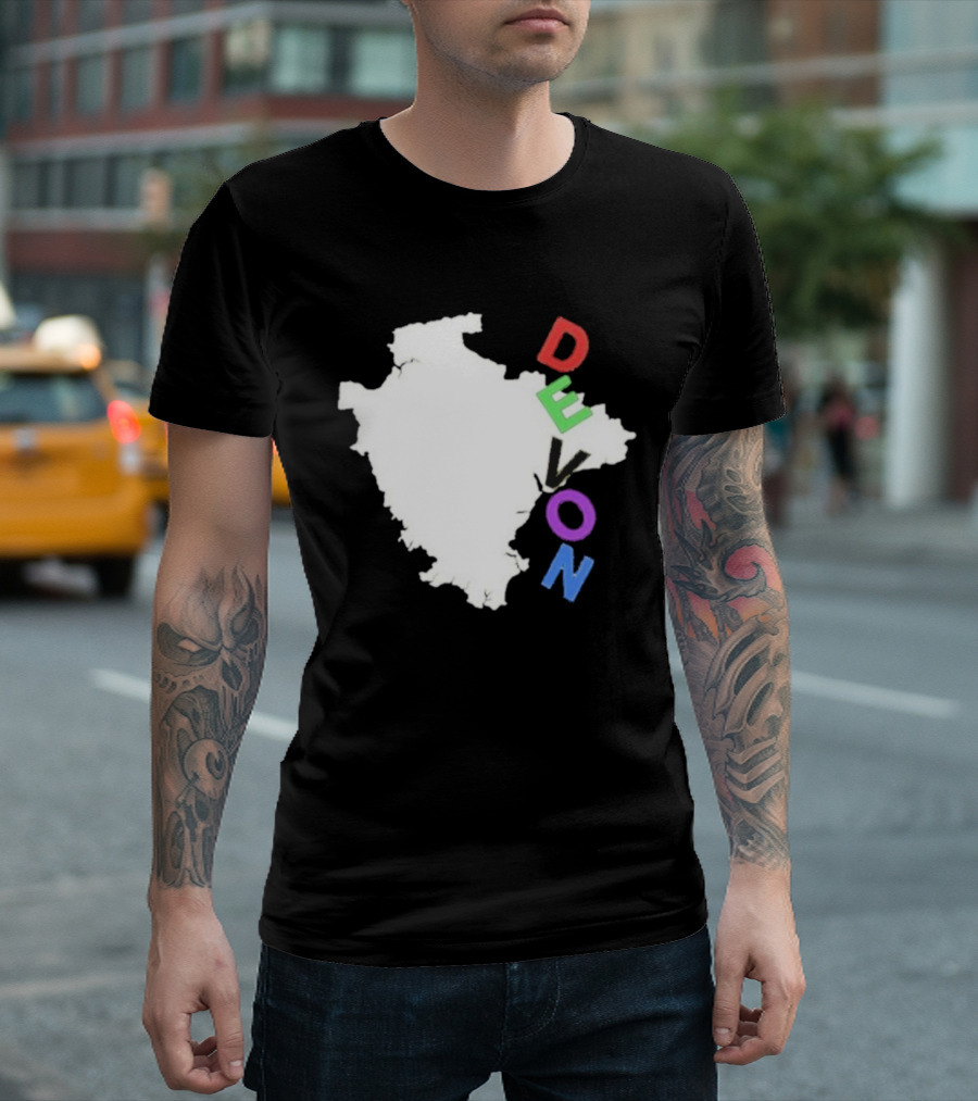 We Are Devon Island Map Outline With Colorful Vertical Text T-Shirt