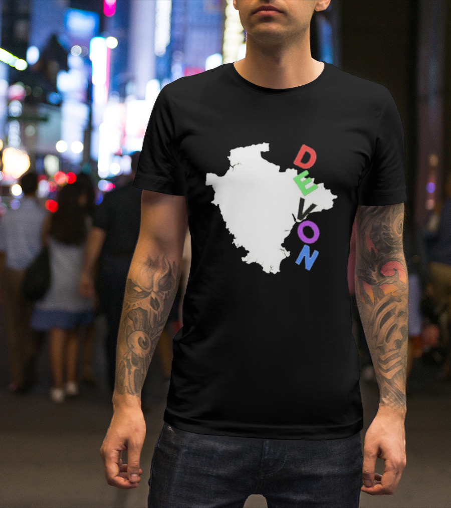 We Are Devon Island Map Outline With Colorful Vertical Text T-Shirt