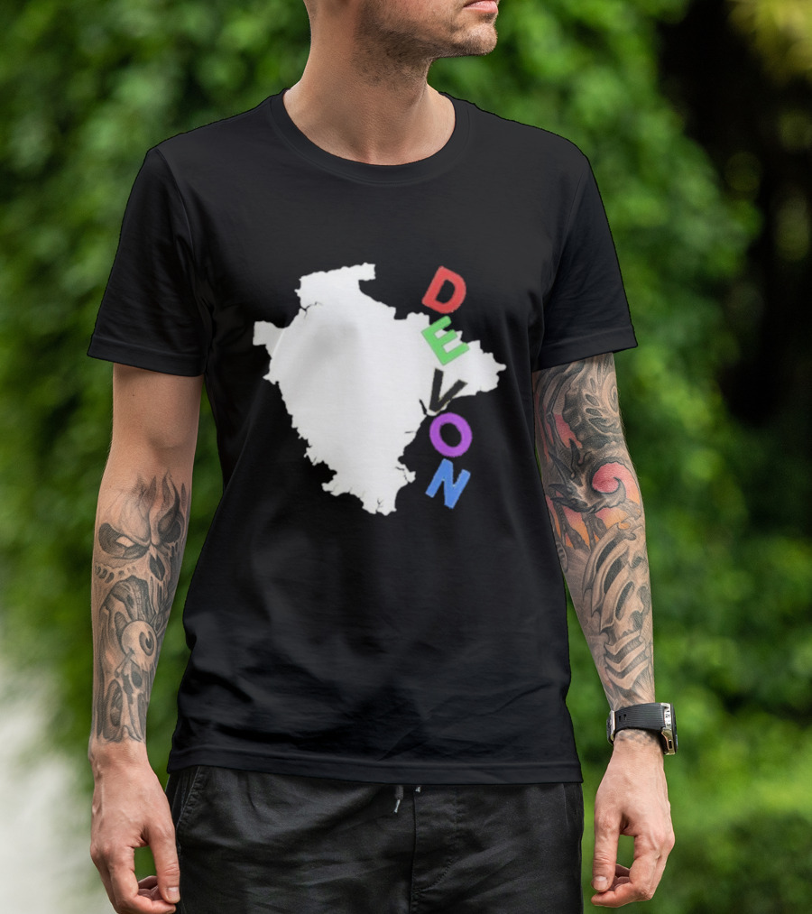 We Are Devon Island Map Outline With Colorful Vertical Text T-Shirt