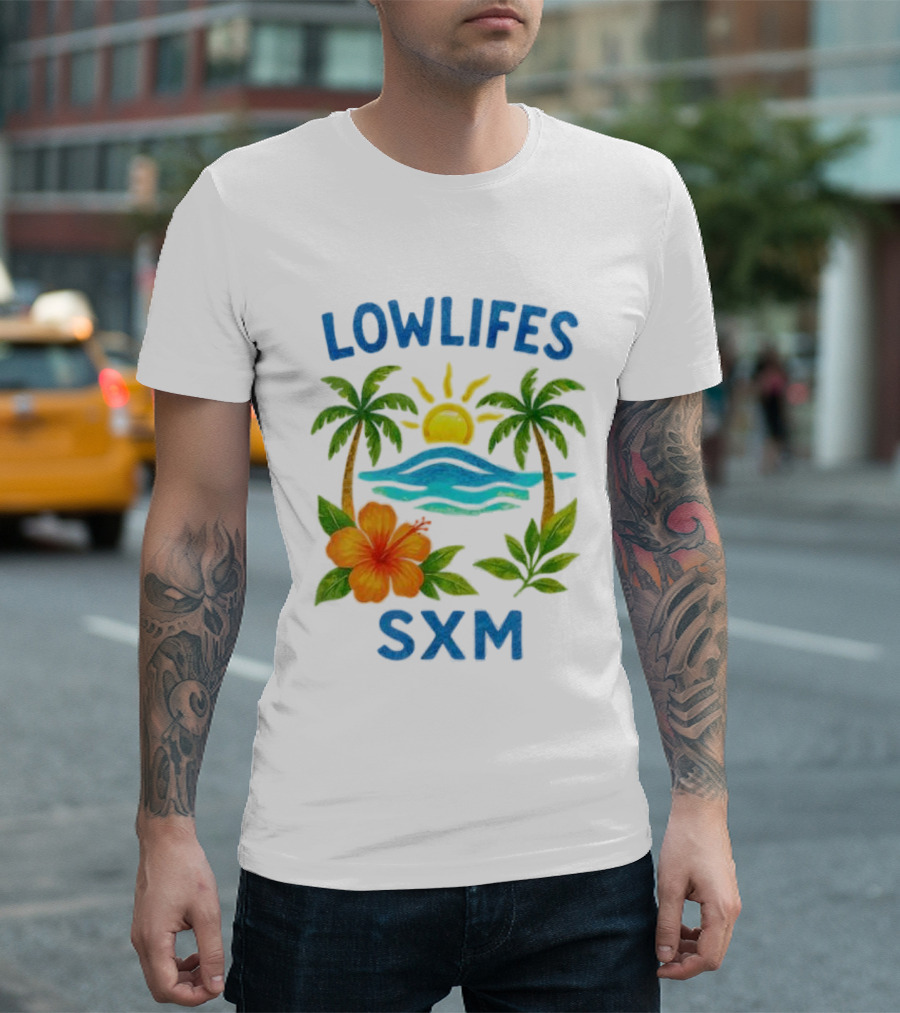 Lowlifes SXM Tropical Sunset 2025 Palms Hibiscus Ocean Sun T-Shirt