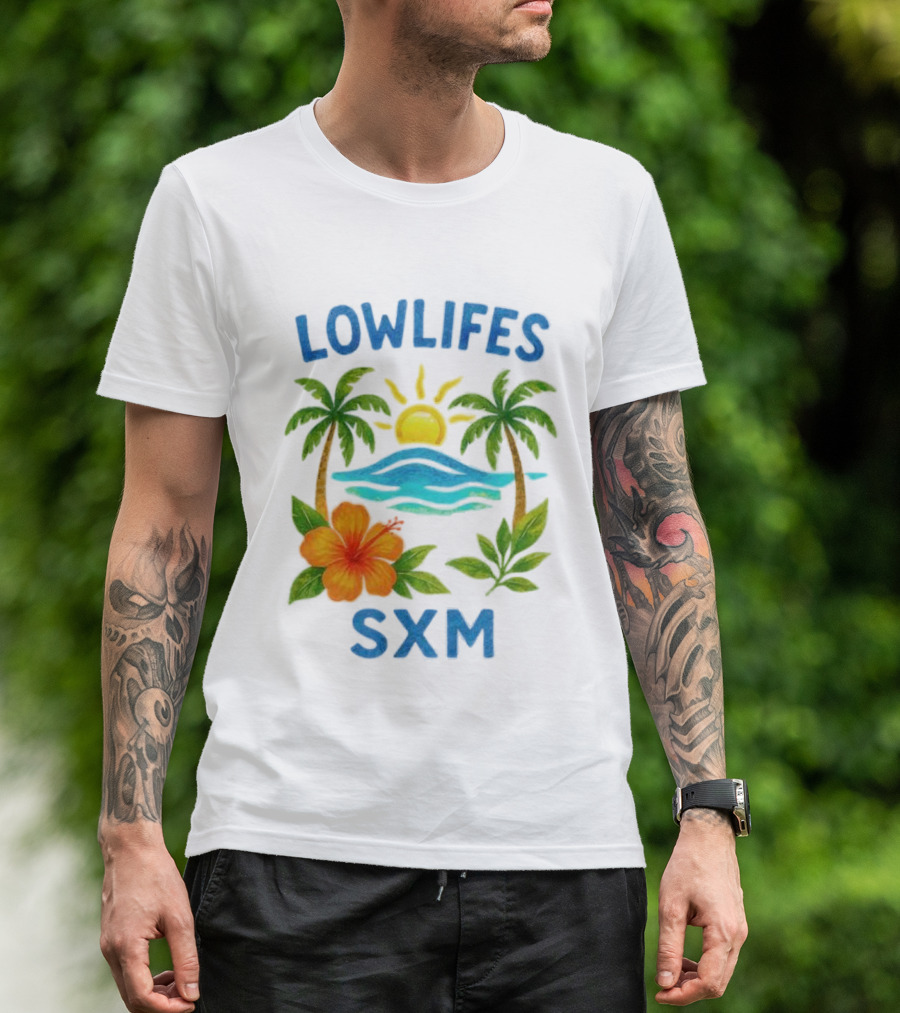 Lowlifes SXM Tropical Sunset 2025 Palms Hibiscus Ocean Sun T-Shirt