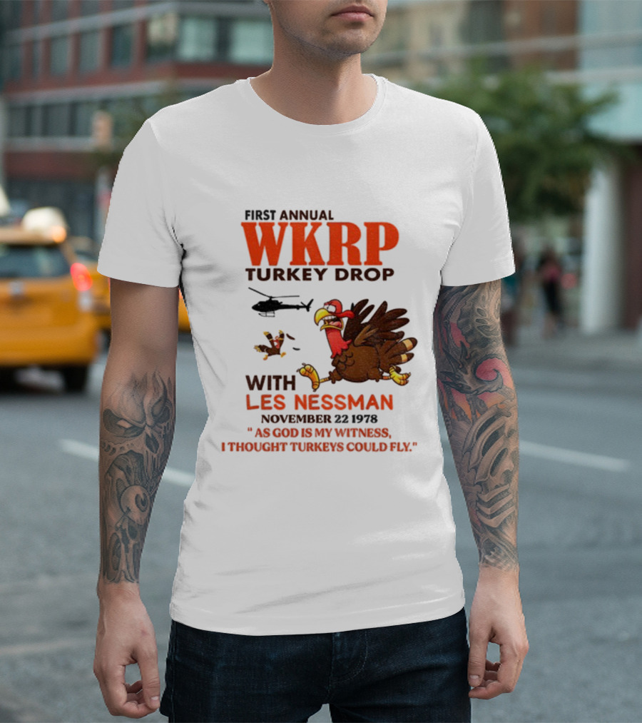 Vintage WKRP Turkey Drop First Annual With Les Nessman As God Is My Witness November T-Shirt